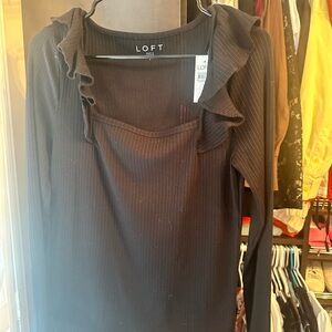 LOFT Black Ruffled Square Neck Women's Top